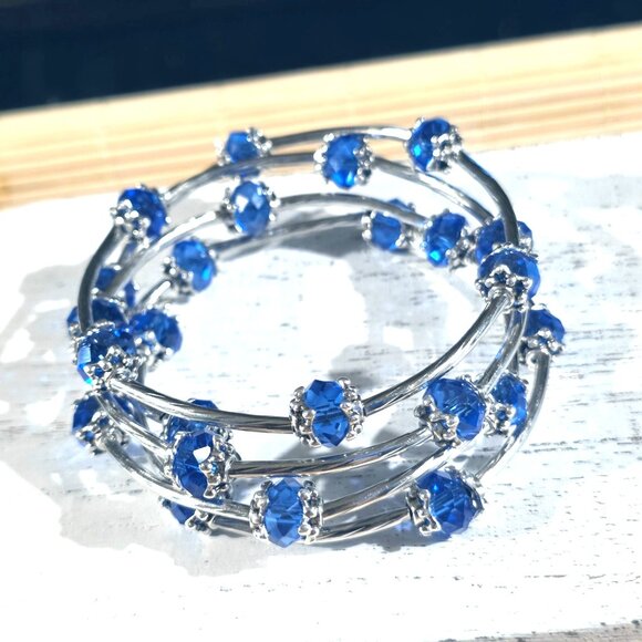 Handcrafted Crystal Wrap Bracelet With Blue Faceted Beads - Picture 3 of 7